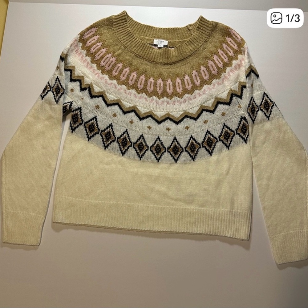 Crown & Ivy Women's Sweater with Geometric Pattern - Cream, Tan, and Pink
